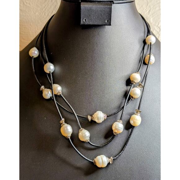 925 Sterling Three Strand Floating Genuine Freshwater Pearl Corded Necklace - Picture 1 of 10